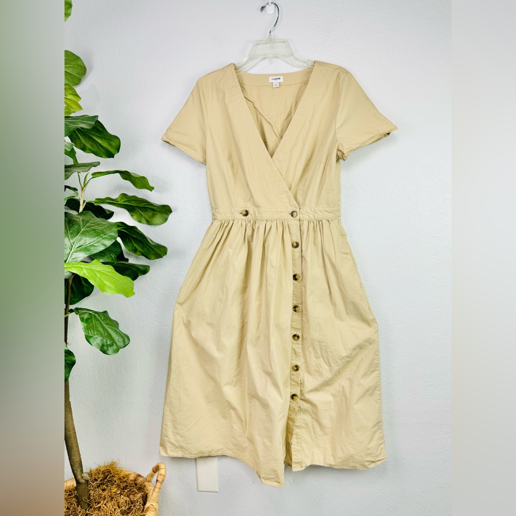 J.Crew Button Front Poplin Khaki Wrap Midi Dress